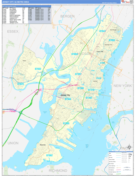 Jersey City Metro Area Wall Map Basic Style